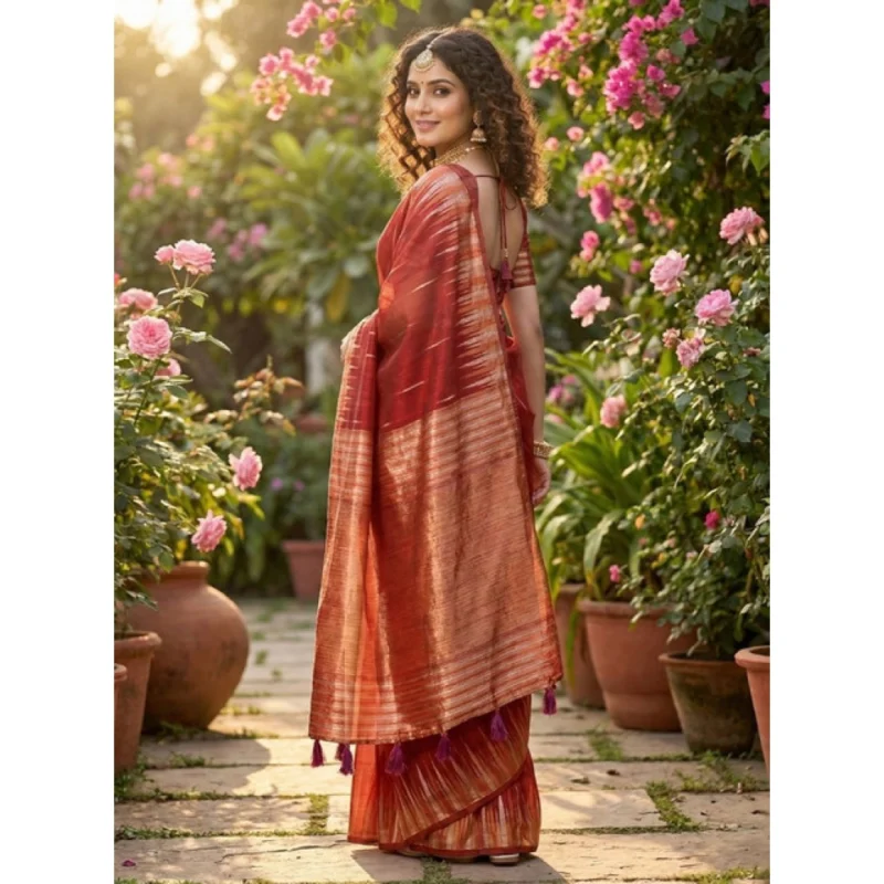 Women's Linen Cotton Printed Saree With Unstitched Blouse 5.5Mtr (Red) - Image 3