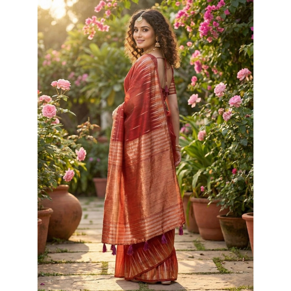 Women's Linen Cotton Printed Saree With Unstitched Blouse 5.5Mtr (Red) - Image 3