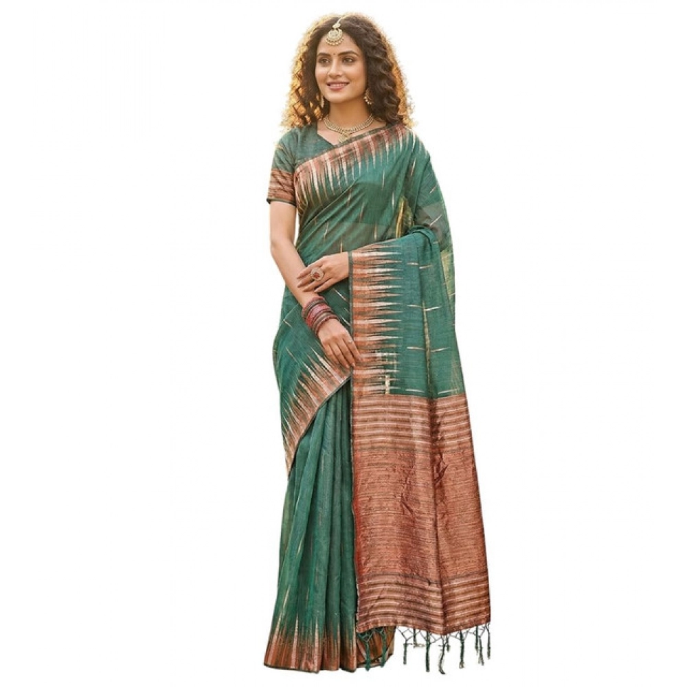 Women's Linen Cotton Printed Saree With Unstitched Blouse 5.5Mtr (Green) - Image 2