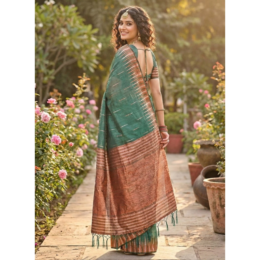Women's Linen Cotton Printed Saree With Unstitched Blouse 5.5Mtr (Green) - Image 3