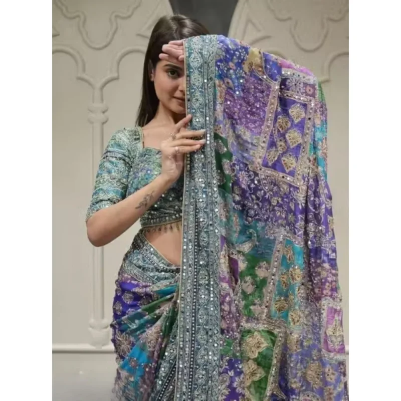 Women's Chiffon Embellished Saree With Unstitched Blouse 5.5Mtr (Multicolor)
