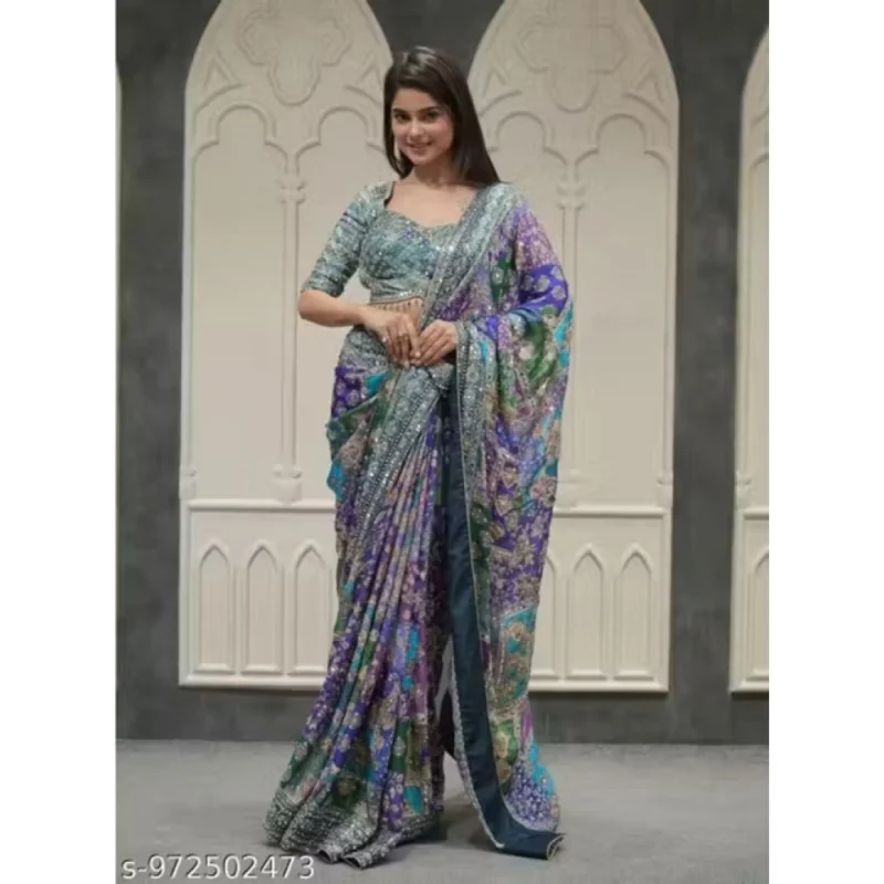 Women's Chiffon Embellished Saree With Unstitched Blouse 5.5Mtr (Multicolor) - Image 3