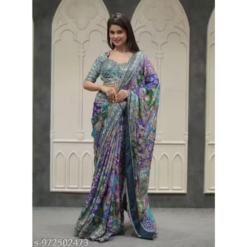 Women's Chiffon Embellished Saree With Unstitched Blouse 5.5Mtr (Multicolor) - Image 3