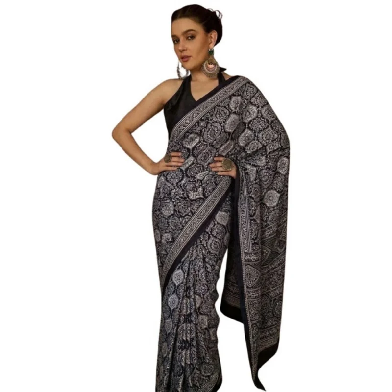 Women's Crepe Printed Saree With Unstitched Blouse 5.5Mtr (Black) - Image 2