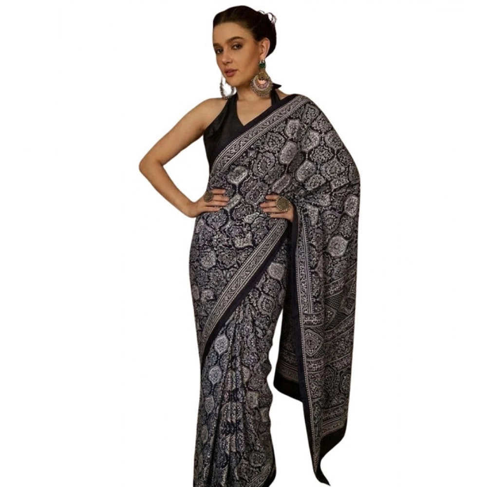 Women's Crepe Printed Saree With Unstitched Blouse 5.5Mtr (Black) - Image 2
