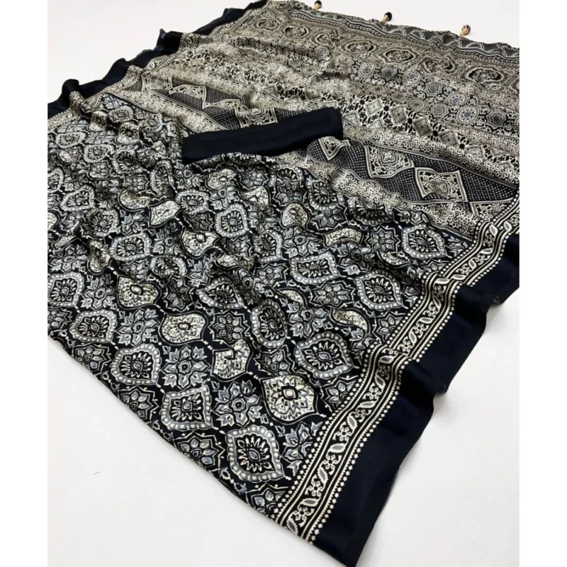 Women's Crepe Printed Saree With Unstitched Blouse 5.5Mtr (Black) - Image 3