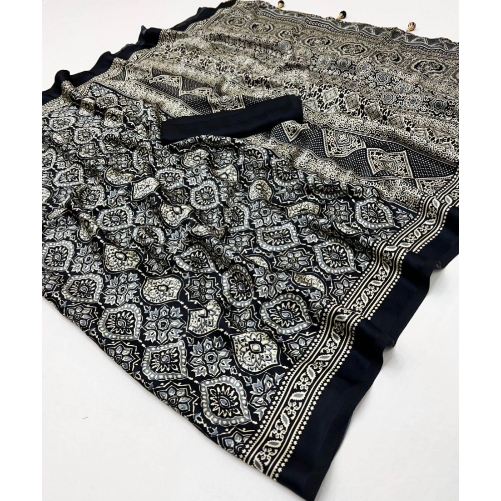 Women's Crepe Printed Saree With Unstitched Blouse 5.5Mtr (Black) - Image 3