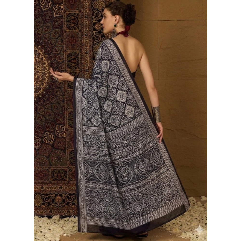 Women's Crepe Printed Saree With Unstitched Blouse 5.5Mtr (Black) - Image 5