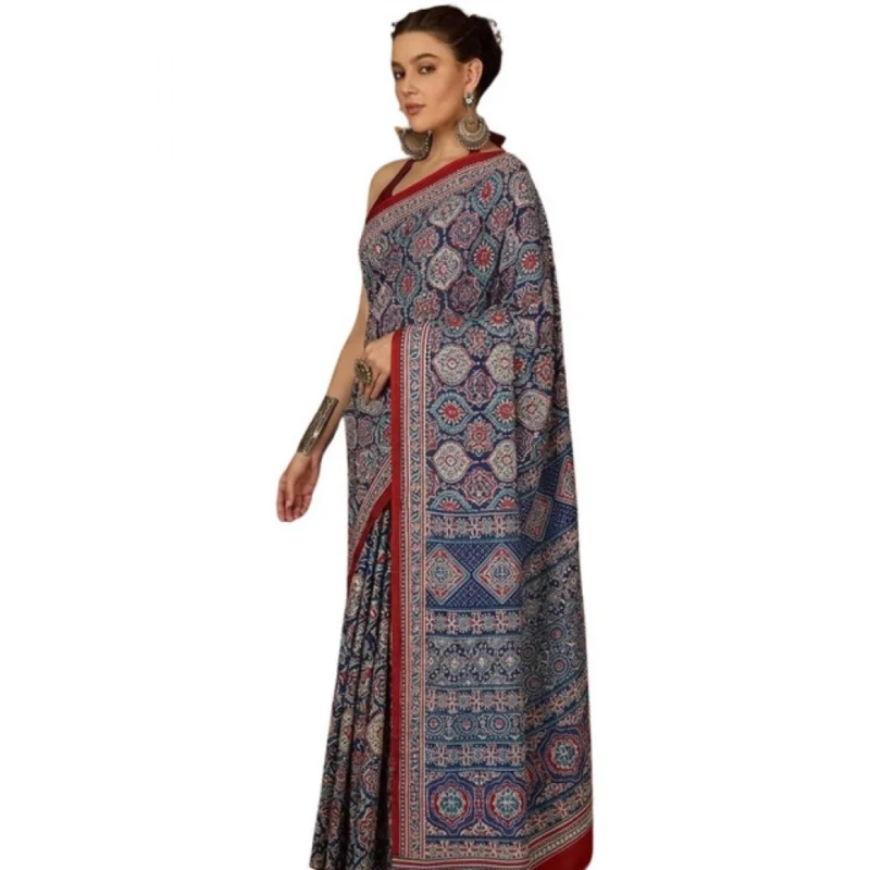 Women's Crepe Printed Saree With Unstitched Blouse 5.5Mtr (Navy Blue) - Image 2