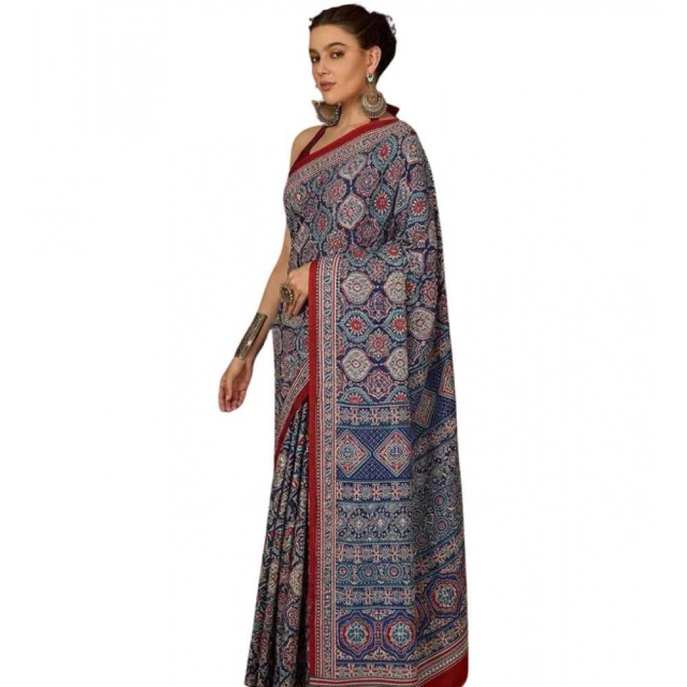 Women's Crepe Printed Saree With Unstitched Blouse 5.5Mtr (Navy Blue) - Image 2