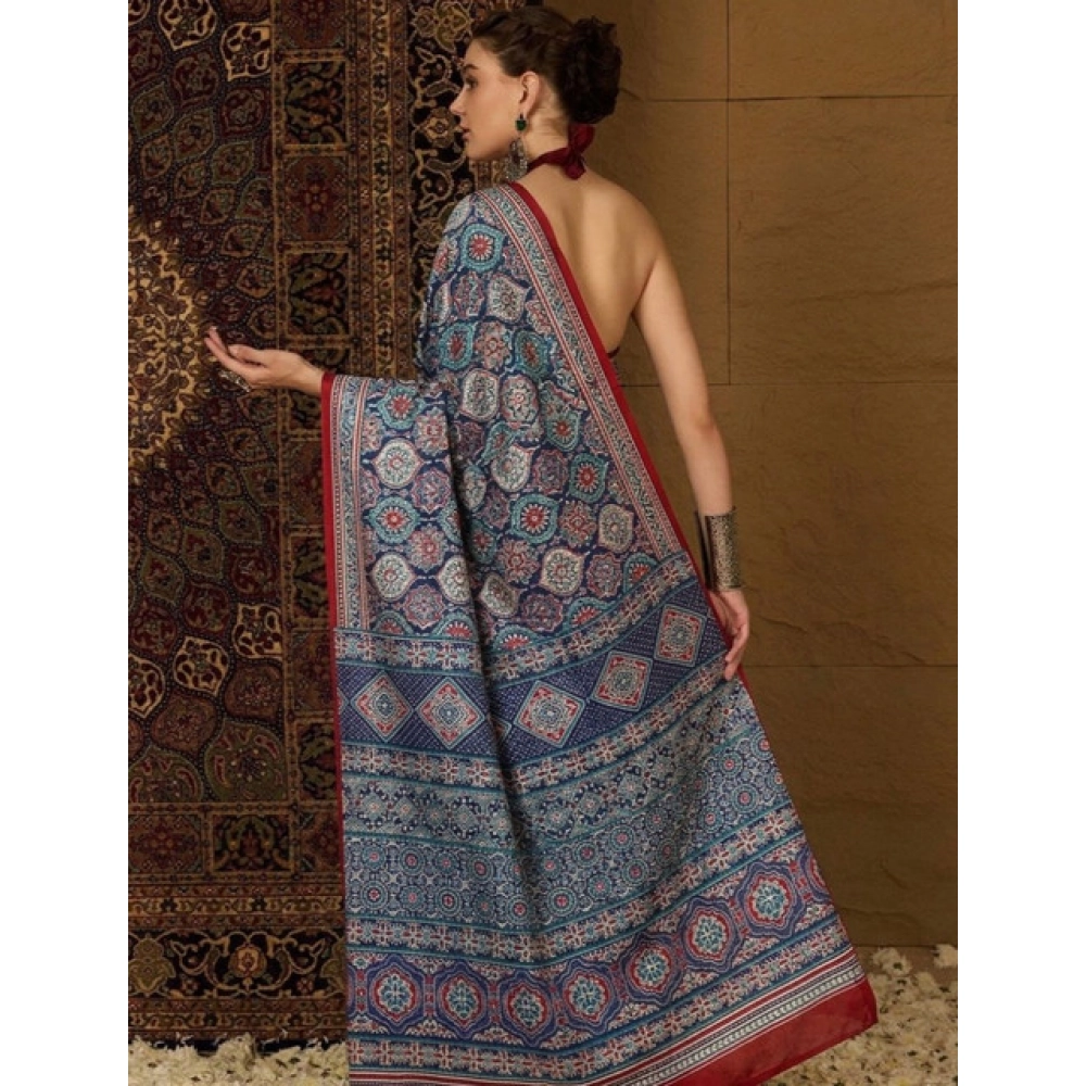 Women's Crepe Printed Saree With Unstitched Blouse 5.5Mtr (Navy Blue) - Image 3