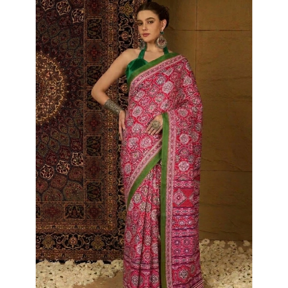 Women's Crepe Printed Saree With Unstitched Blouse 5.5Mtr (Pink)