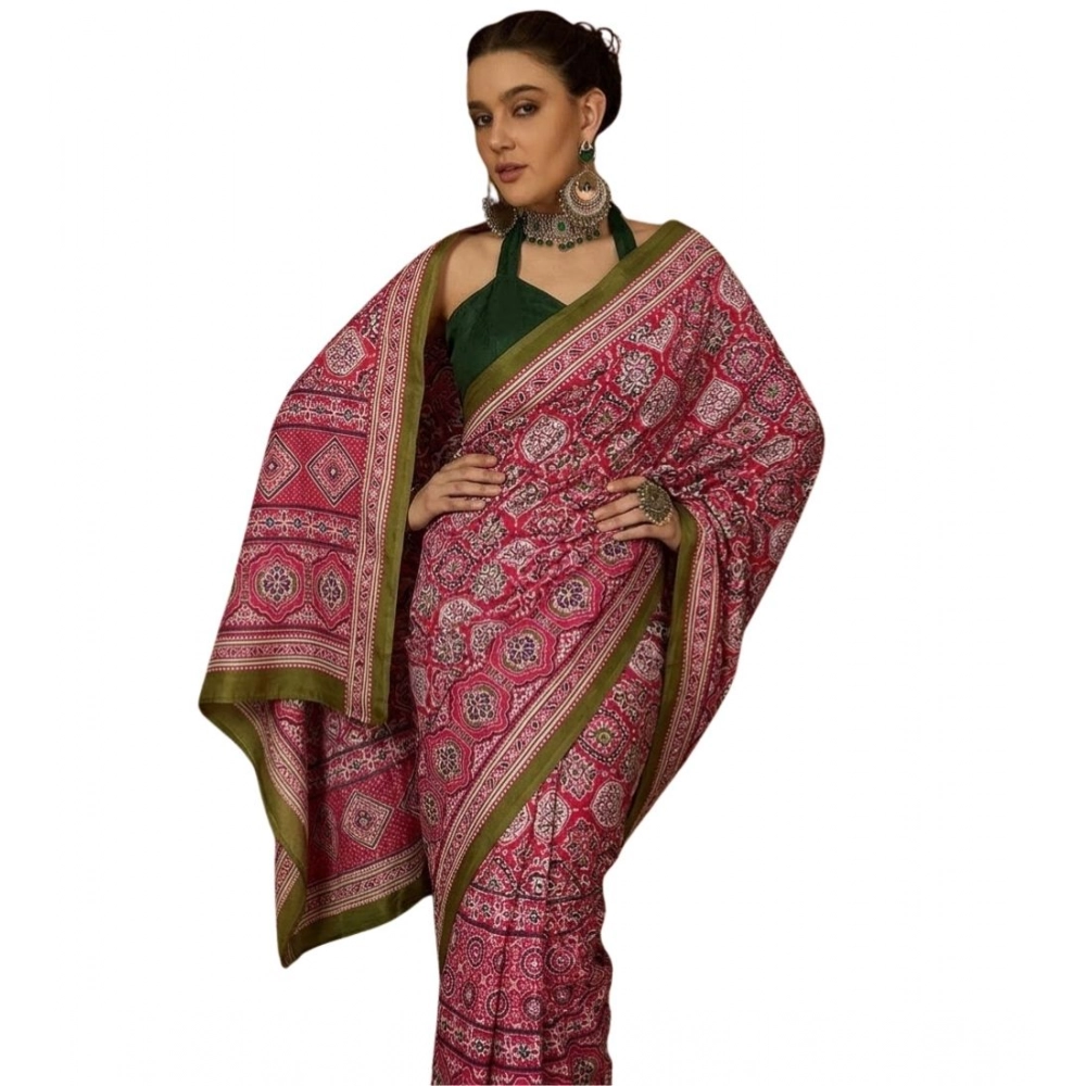 Women's Crepe Printed Saree With Unstitched Blouse 5.5Mtr (Pink) - Image 2