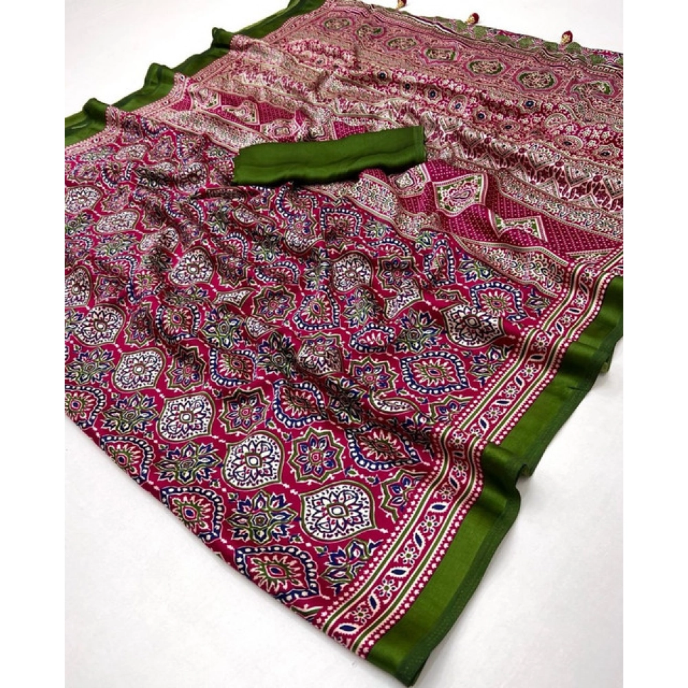 Women's Crepe Printed Saree With Unstitched Blouse 5.5Mtr (Pink) - Image 3