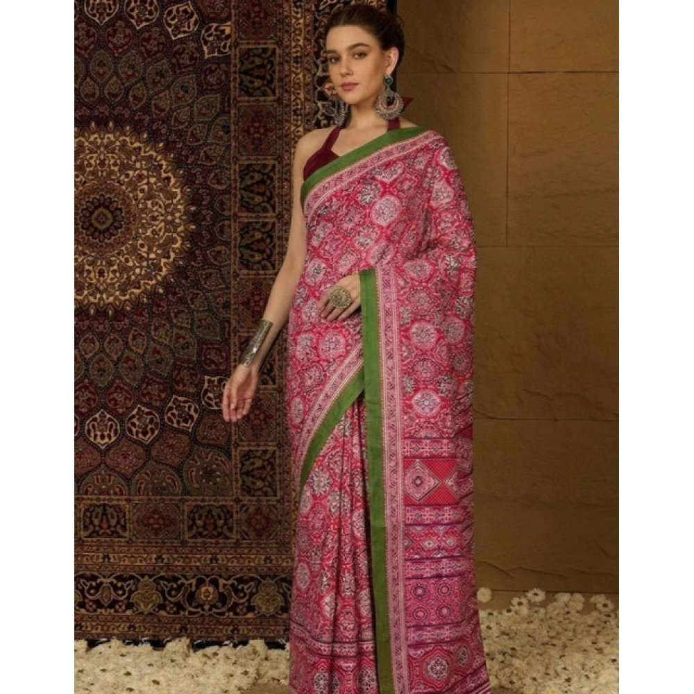 Women's Crepe Printed Saree With Unstitched Blouse 5.5Mtr (Pink) - Image 4
