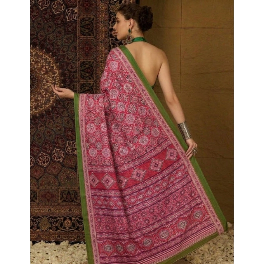 Women's Crepe Printed Saree With Unstitched Blouse 5.5Mtr (Pink) - Image 5
