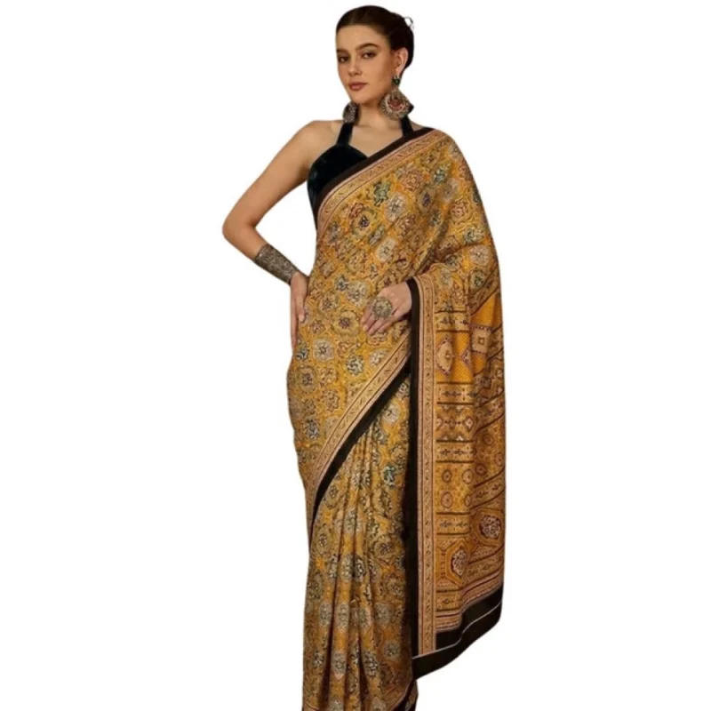 Women's Crepe Printed Saree With Unstitched Blouse 5.5Mtr (Yellow) - Image 2