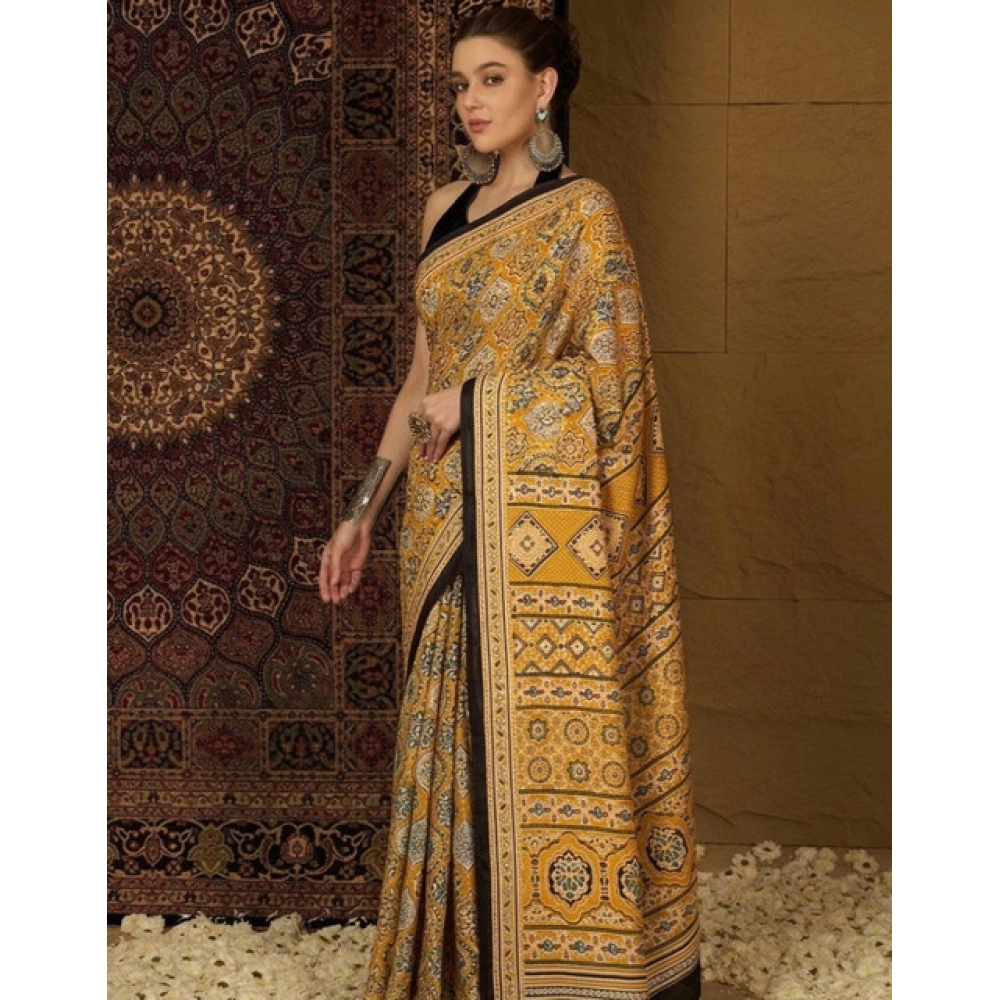 Women's Crepe Printed Saree With Unstitched Blouse 5.5Mtr (Yellow) - Image 3