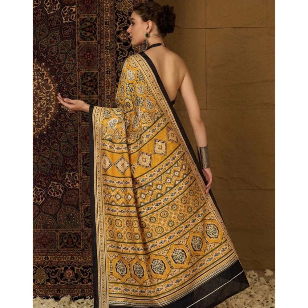 Women's Crepe Printed Saree With Unstitched Blouse 5.5Mtr (Yellow) - Image 4