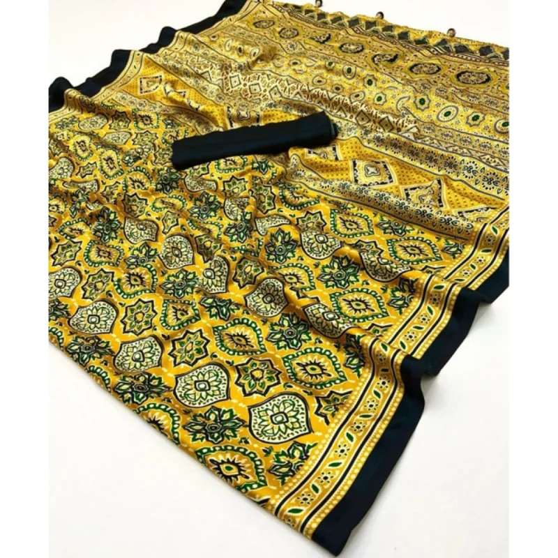 Women's Crepe Printed Saree With Unstitched Blouse 5.5Mtr (Yellow) - Image 5