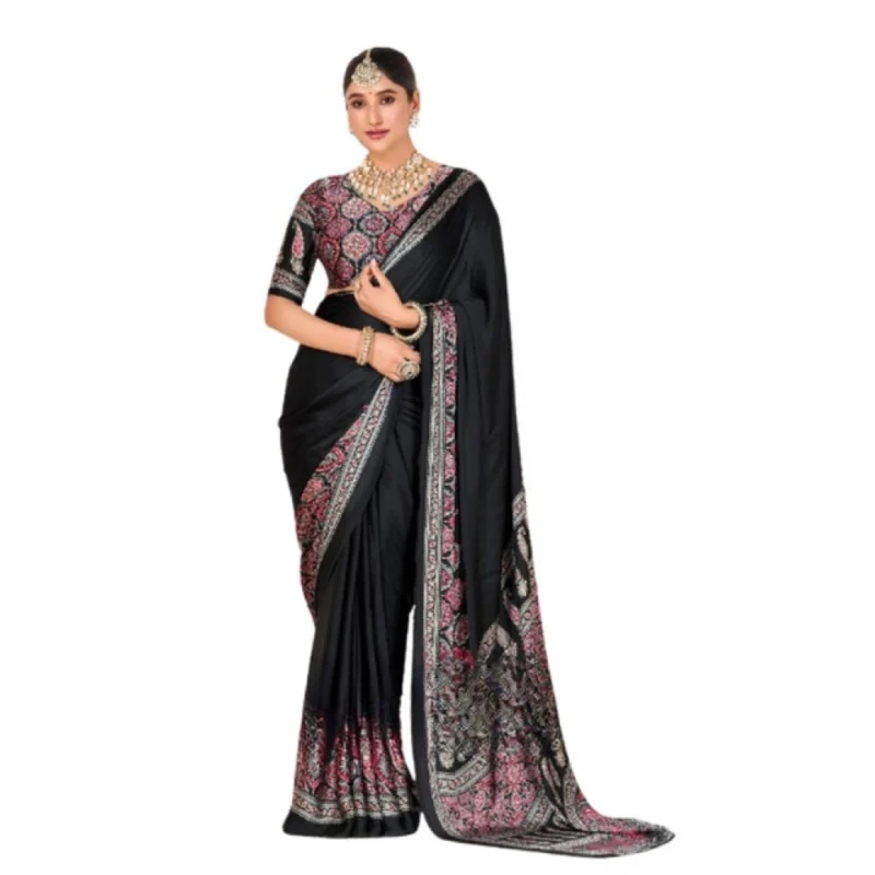 Women's Crepe Printed Saree With Unstitched Blouse 5.5Mtr (Black) - Image 2