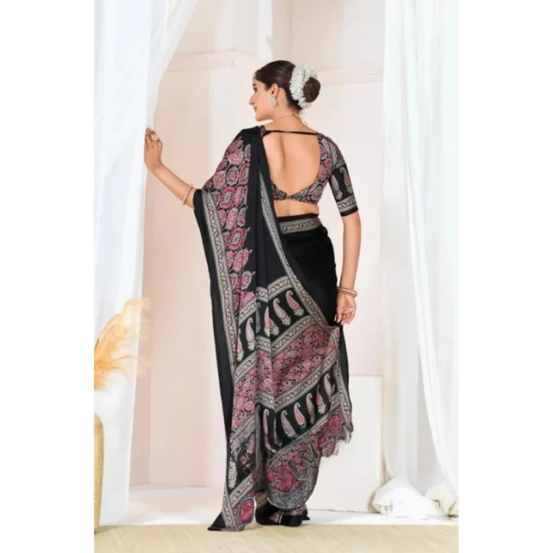Women's Crepe Printed Saree With Unstitched Blouse 5.5Mtr (Black) - Image 3
