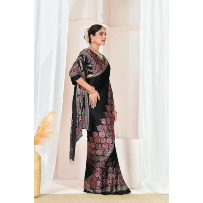 Women's Crepe Printed Saree With Unstitched Blouse 5.5Mtr (Black) - Image 4