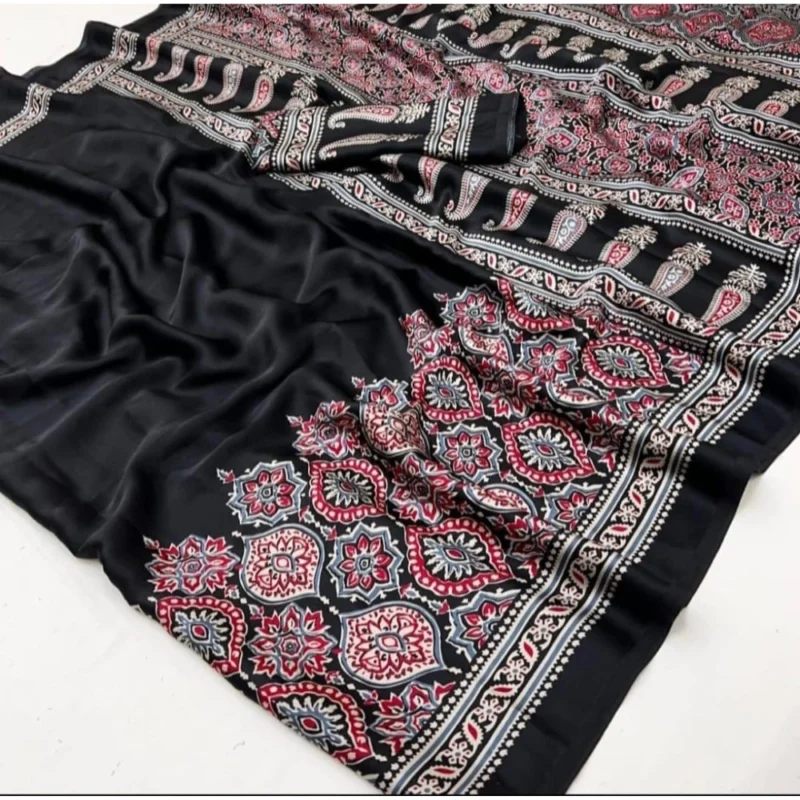 Women's Crepe Printed Saree With Unstitched Blouse 5.5Mtr (Black) - Image 5