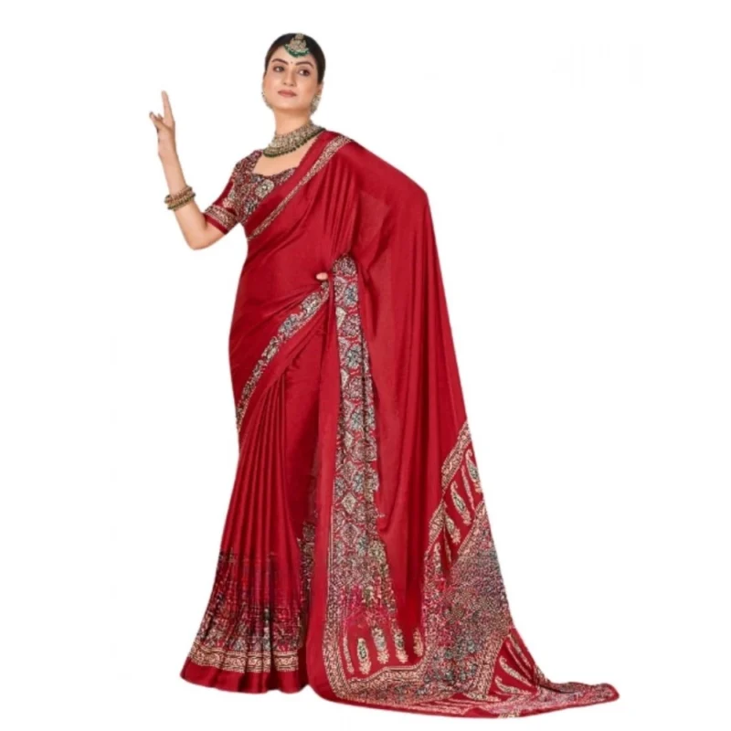 Women's Crepe Printed Saree With Unstitched Blouse 5.5Mtr (Maroon) - Image 2