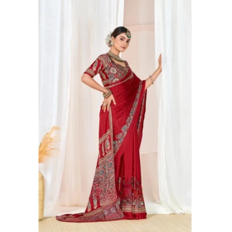 Women's Crepe Printed Saree With Unstitched Blouse 5.5Mtr (Maroon) - Image 3