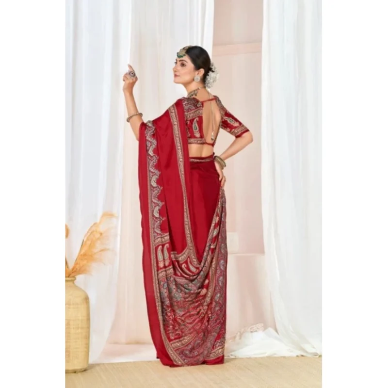 Women's Crepe Printed Saree With Unstitched Blouse 5.5Mtr (Maroon) - Image 4