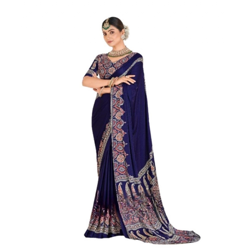 Women's Crepe Printed Saree With Unstitched Blouse 5.5Mtr (Navy Blue) - Image 2
