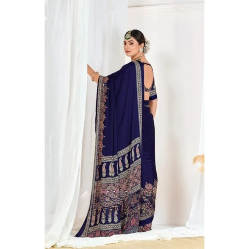 Women's Crepe Printed Saree With Unstitched Blouse 5.5Mtr (Navy Blue) - Image 3