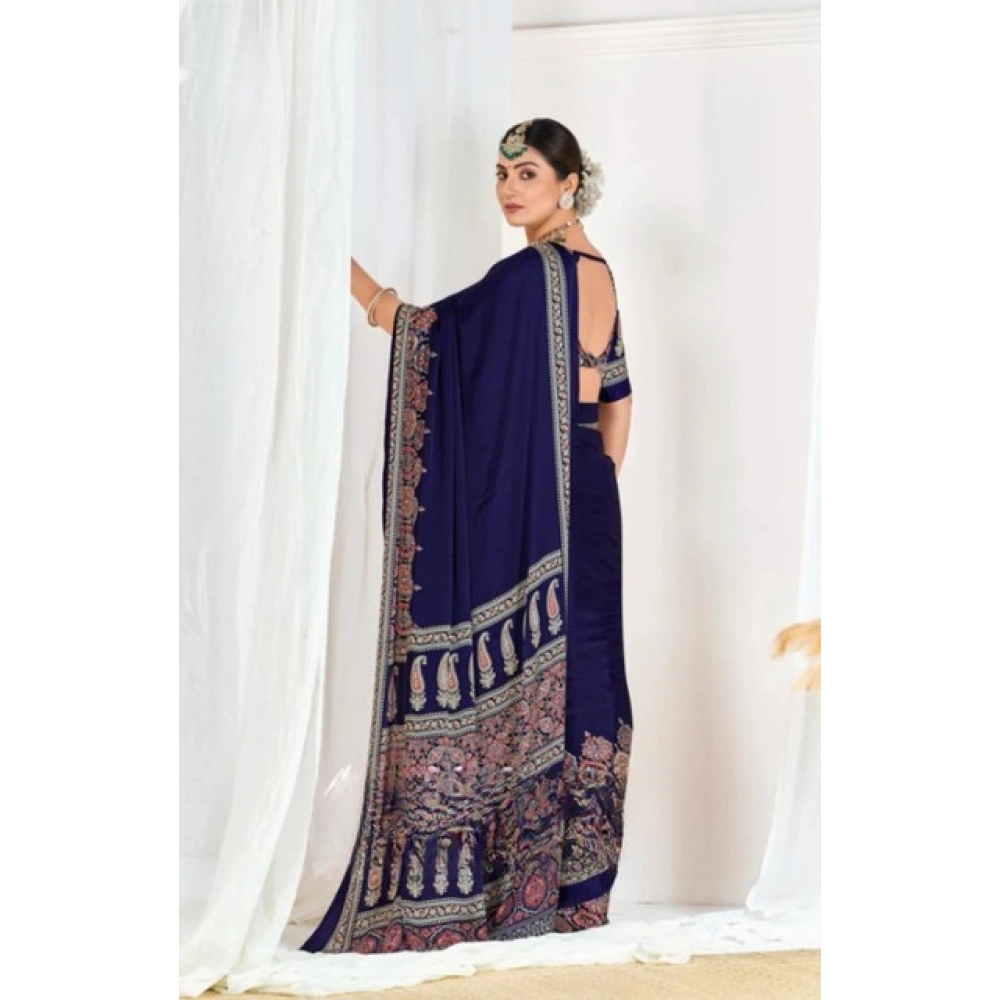Women's Crepe Printed Saree With Unstitched Blouse 5.5Mtr (Navy Blue) - Image 3