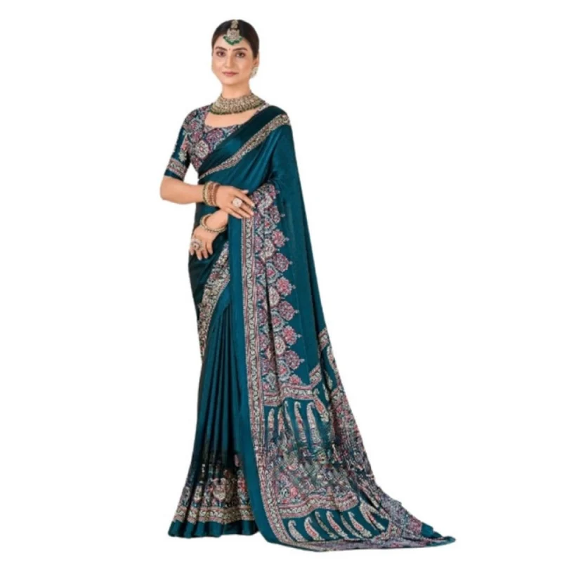 Women's Crepe Printed Saree With Unstitched Blouse 5.5Mtr (Teal) - Image 2