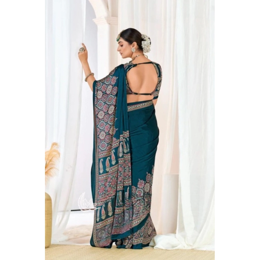 Women's Crepe Printed Saree With Unstitched Blouse 5.5Mtr (Teal) - Image 3