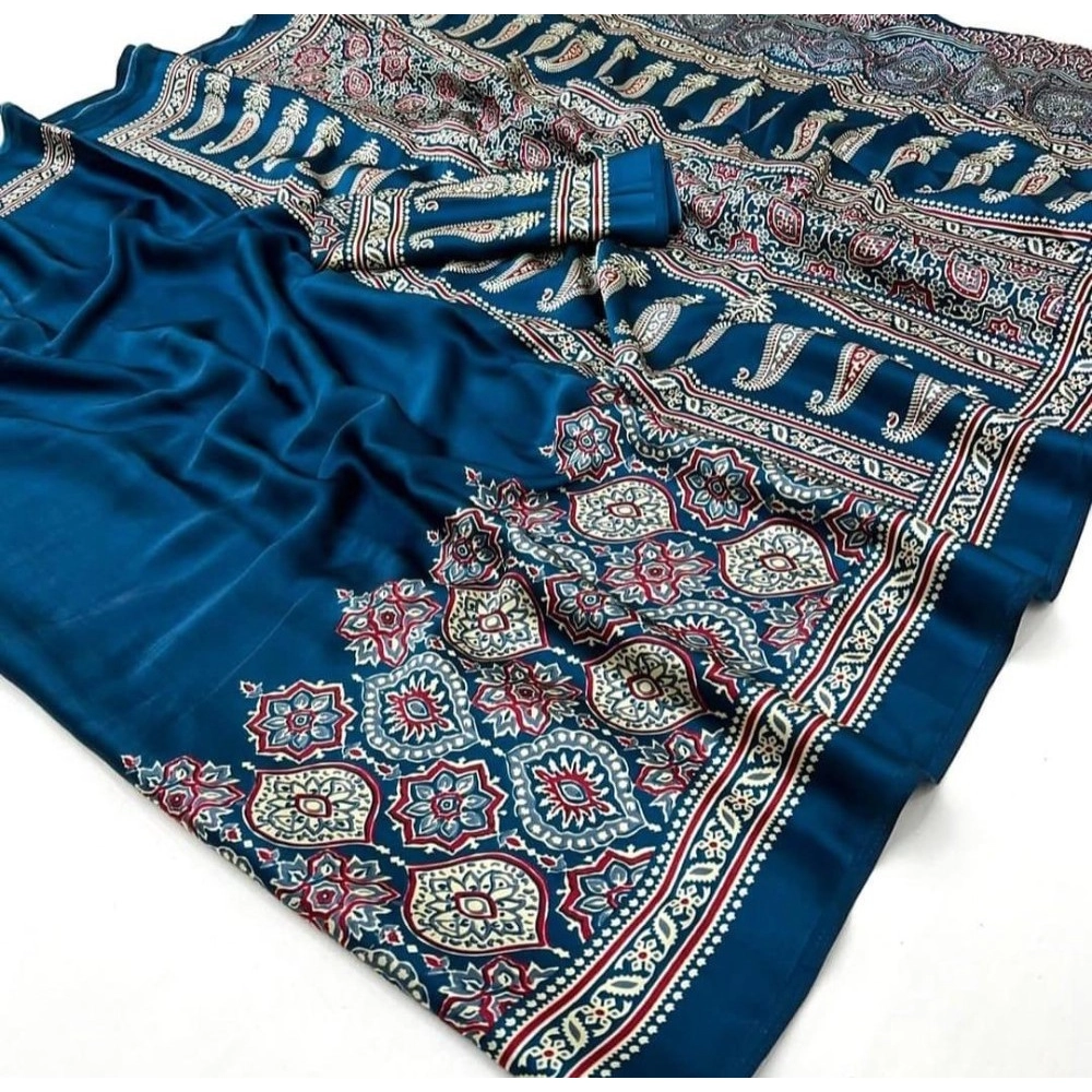 Women's Crepe Printed Saree With Unstitched Blouse 5.5Mtr (Teal) - Image 4