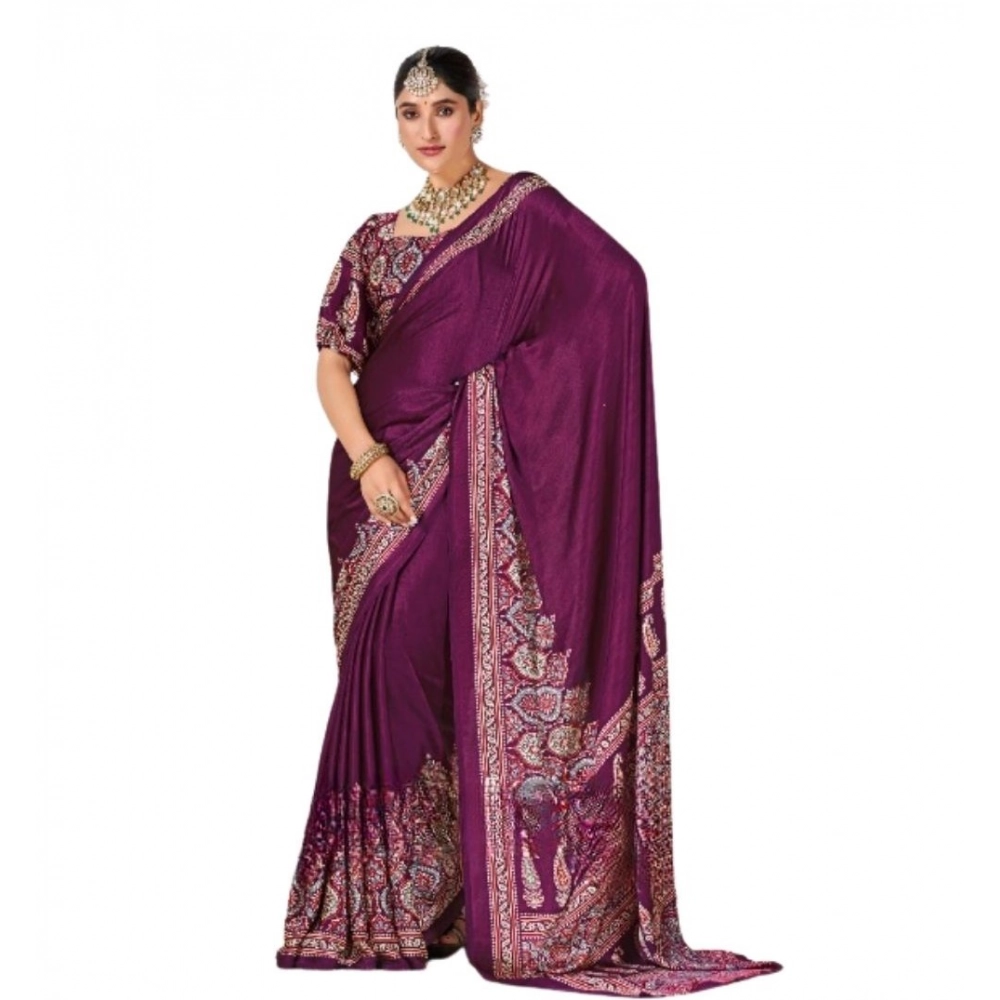 Women's Crepe Printed Saree With Unstitched Blouse 5.5Mtr (Wine) - Image 2