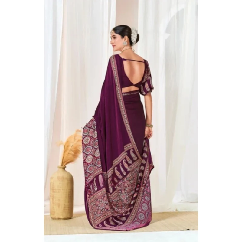 Women's Crepe Printed Saree With Unstitched Blouse 5.5Mtr (Wine) - Image 3