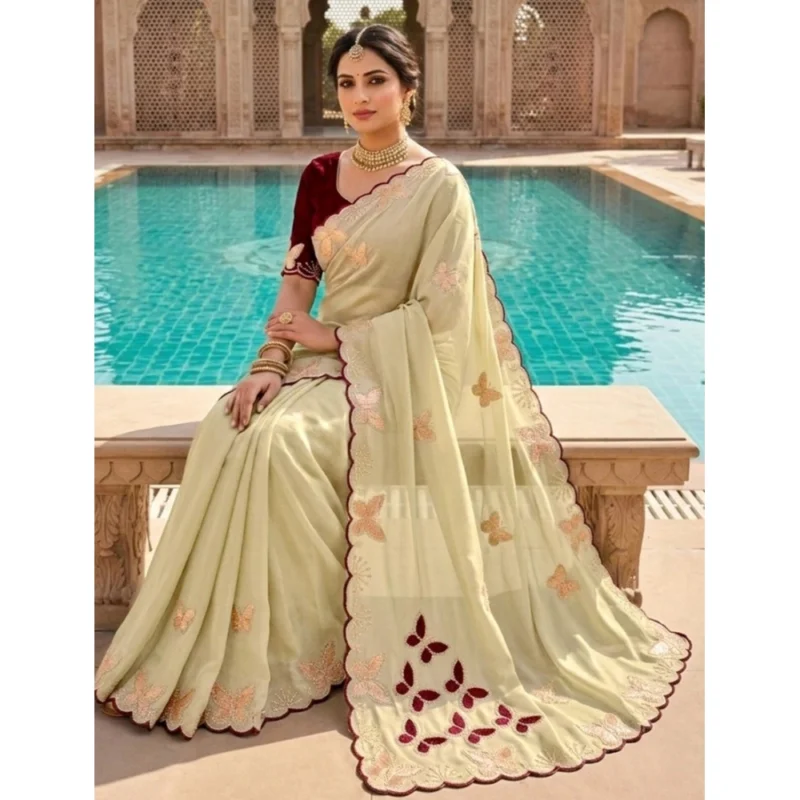 Women's Star Georgette Embellished Saree With Unstitched Blouse 5.5Mtr (Beige-Maroon)