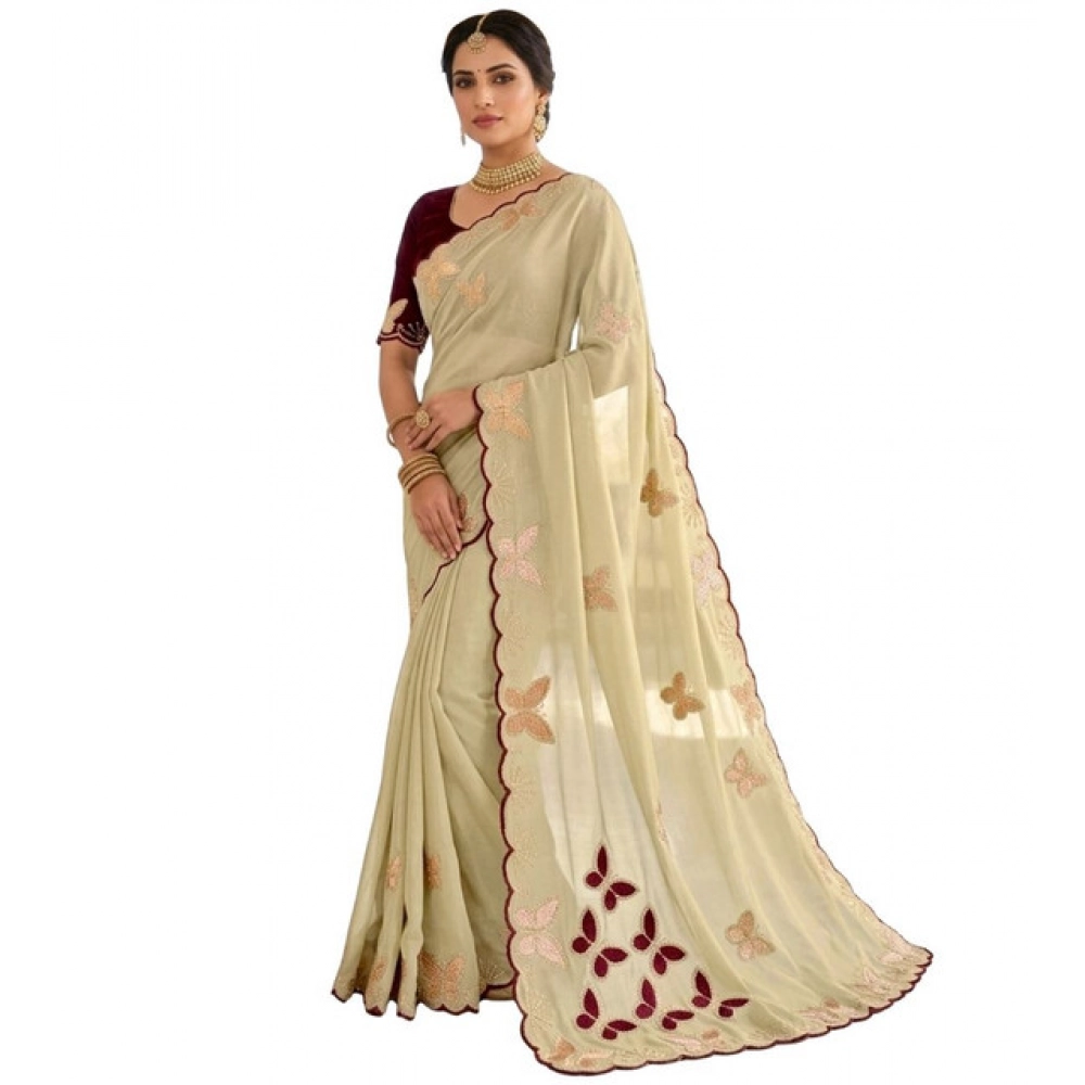 Women's Star Georgette Embellished Saree With Unstitched Blouse 5.5Mtr (Beige-Maroon) - Image 2