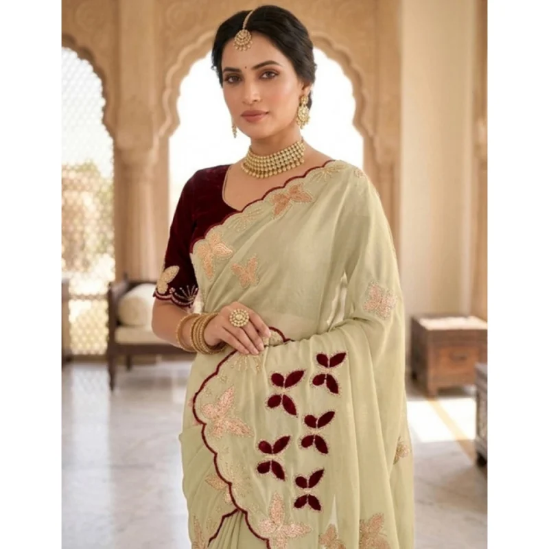 Women's Star Georgette Embellished Saree With Unstitched Blouse 5.5Mtr (Beige-Maroon) - Image 3