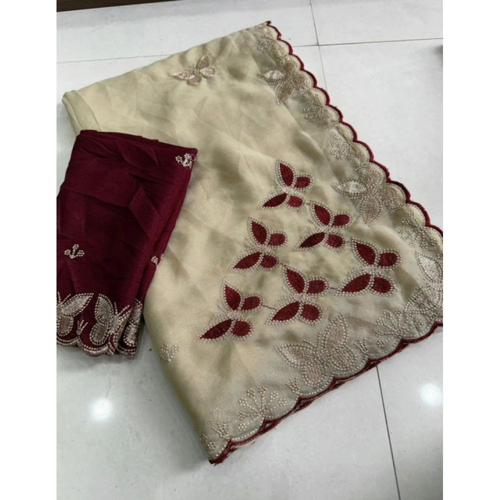 Women's Star Georgette Embellished Saree With Unstitched Blouse 5.5Mtr (Beige-Maroon) - Image 4