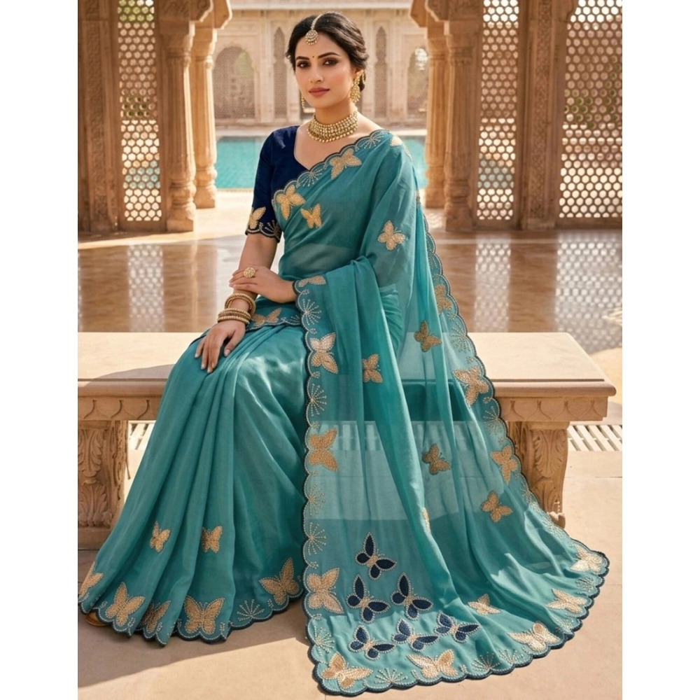 Women's Star Georgette Embellished Saree With Unstitched Blouse 5.5Mtr (Blue)