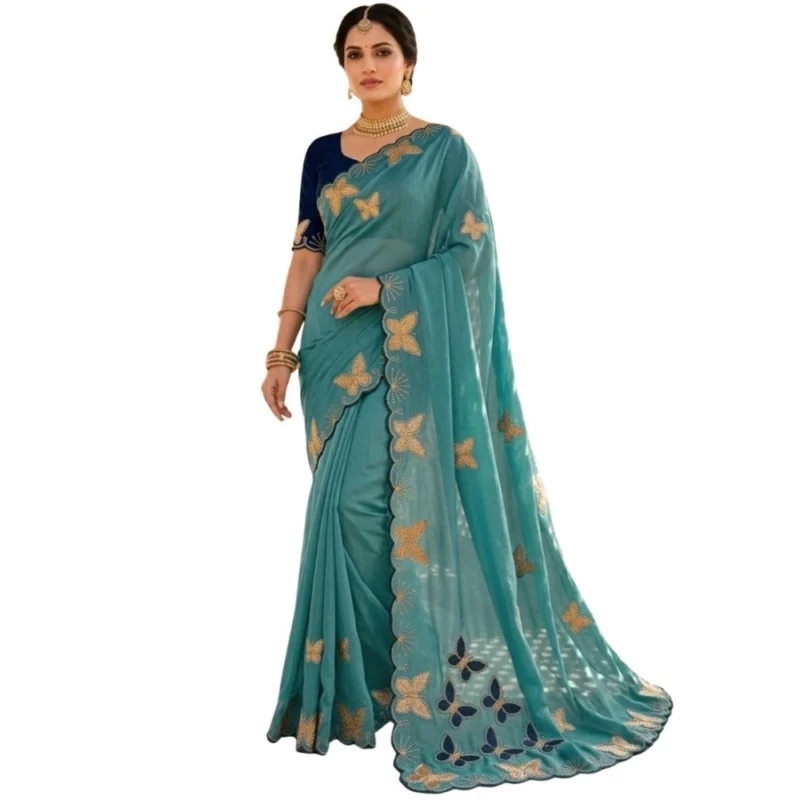 Women's Star Georgette Embellished Saree With Unstitched Blouse 5.5Mtr (Blue) - Image 2