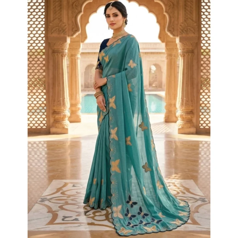 Women's Star Georgette Embellished Saree With Unstitched Blouse 5.5Mtr (Blue) - Image 3