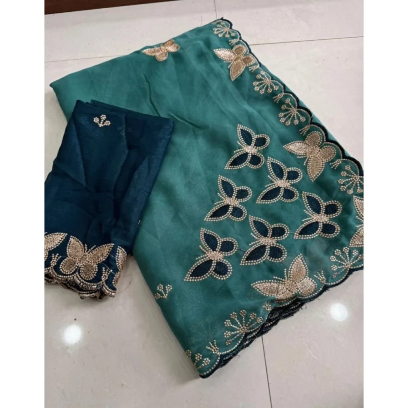 Women's Star Georgette Embellished Saree With Unstitched Blouse 5.5Mtr (Blue) - Image 5