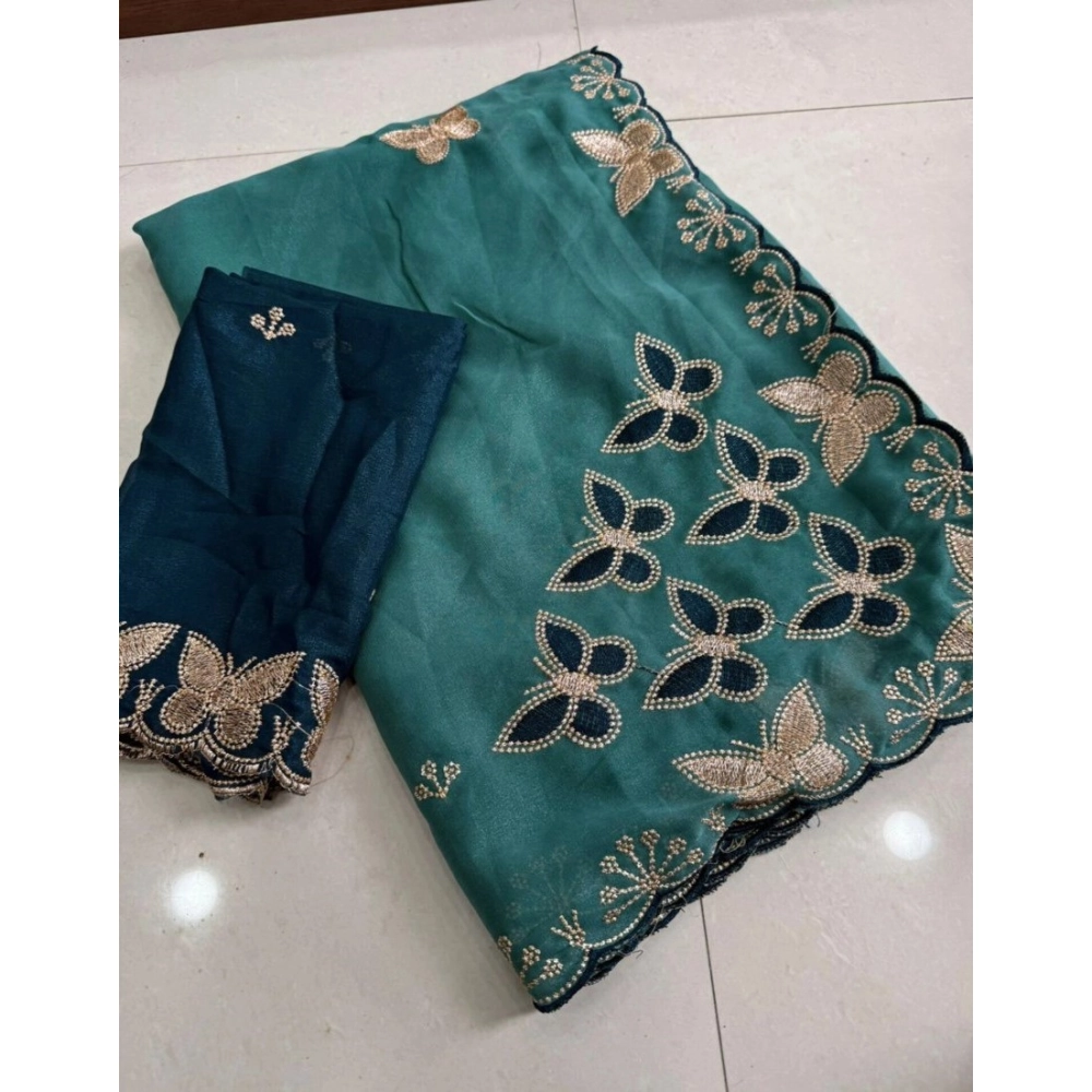 Women's Star Georgette Embellished Saree With Unstitched Blouse 5.5Mtr (Blue) - Image 5