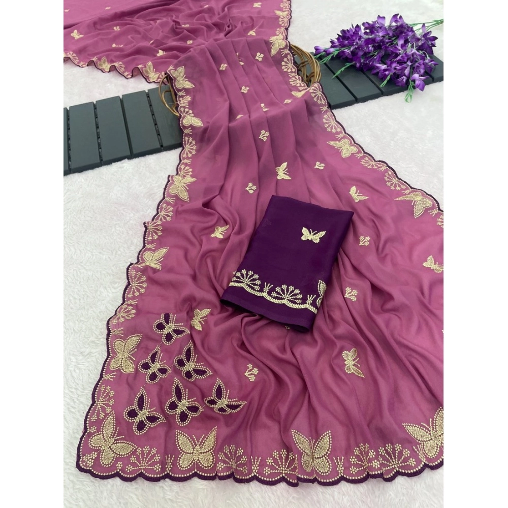 Women's Star Georgette Embellished Saree With Unstitched Blouse 5.5Mtr (Dusty Purple-Blue) - Image 3