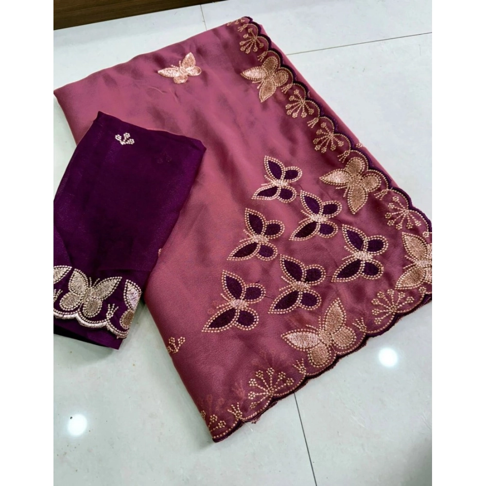 Women's Star Georgette Embellished Saree With Unstitched Blouse 5.5Mtr (Dusty Purple-Blue) - Image 4